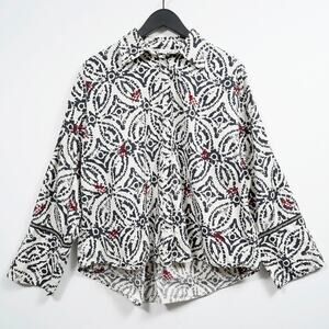 ZARA ZW Collection Cropped Shirt L Black White Geometric Print Embroidery Boxy